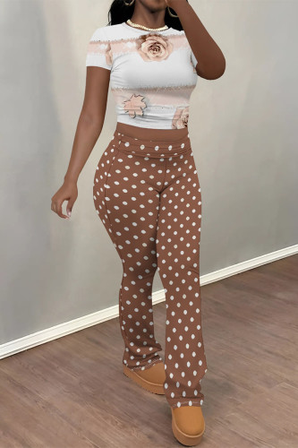 Coffee Casual Street Striped Print Polka Dot Flowers Contrast O Neck Short Sleeve Two Pieces