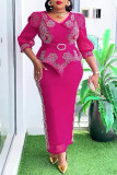 Blue Elegant Solid Color Patchwork Slit Hot Drill Zipper V Neck Long Plus Size Dresses
