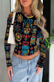 Blue Purple Casual Street Geometric Print Contrast O Neck Tops