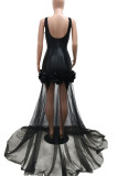 Black Elegant Solid Color Patchwork Backless Mesh Hot Drill Asymmetrical Collar Long Dresses