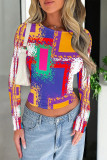Blue Purple Casual Street Geometric Print Contrast O Neck Tops