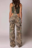 Blue Casual Faux Denim Print Hollow Out Patchwork Zipper Loose Jumpsuits