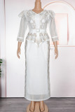 Blue Elegant Solid Color Patchwork Slit Hot Drill Zipper V Neck Long Plus Size Dresses