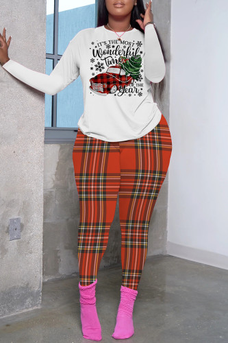 Christmas Tree Casual Print Basic O Neck Long Sleeve Two Pieces
