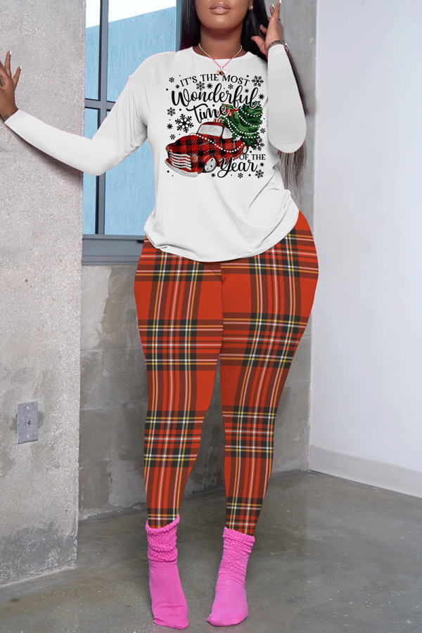 Christmas Tree Casual Print Basic O Neck Long Sleeve Two Pieces
