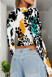 Coffee Casual Street Geometric Print Leopard Contrast O Neck Tops