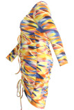 Yellow Casual Print Draw String Patchwork O Neck Plus Size Two Pieces