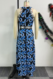 Blue Casual Elegant Print Patchwork O Neck Long Dresses