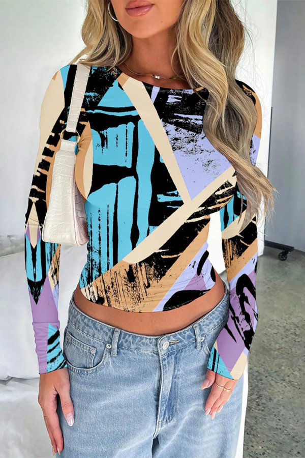 Blue Purple Casual Street Geometric Print Contrast O Neck Tops