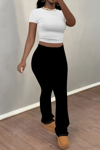 White Black Casual Street Solid Color Contrast O Neck Short Sleeve Two Pieces