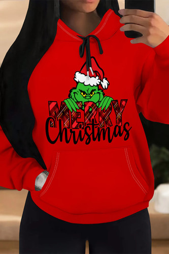 Red Green Casual Party Skull Head Cartoon Print Letters Draw String Pocket Hooded Tops