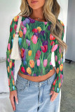 Blue Purple Casual Street Geometric Print Contrast O Neck Tops