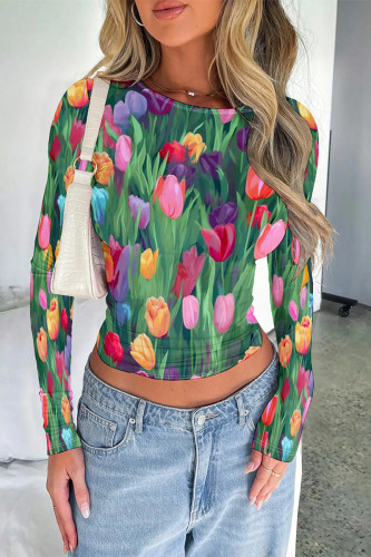 Green Casual Street Geometric Print Contrast O Neck Tops