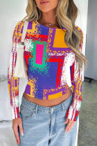 Red Blue Casual Street Geometric Print Contrast O Neck Tops