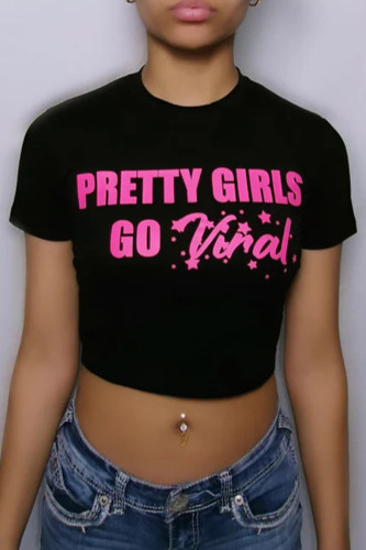 Black Casual Letters Patchwork O Neck T-Shirts