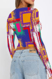 Blue Purple Casual Street Geometric Print Contrast O Neck Tops