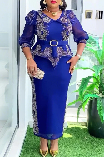 Blue Elegant Solid Color Patchwork Slit Hot Drill Zipper V Neck Long Plus Size Dresses
