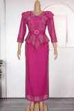 Blue Elegant Solid Color Patchwork Slit Hot Drill Zipper V Neck Long Plus Size Dresses