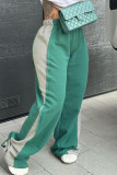 Green Casual Patchwork Contrast Loose Mid Waist Wide Leg Patchwork Bottoms