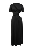 Black Sexy Casual Solid Color Hollow Out Slit O Neck Long Dresses