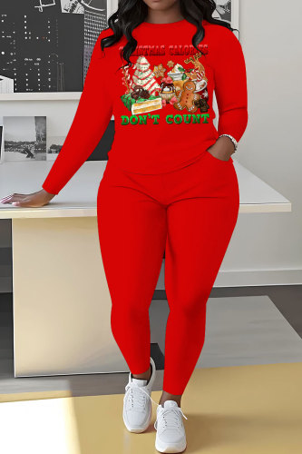 Red Green Casual Print Basic O Neck Long Sleeve Two Pieces