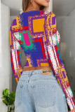 Blue Purple Casual Street Geometric Print Contrast O Neck Tops