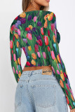Blue Purple Casual Street Geometric Print Contrast O Neck Tops