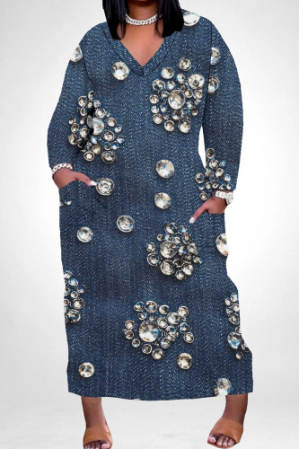 Dark Blue Casual Print Pocket Patchwork V Neck Straight Plus Size Dresses
