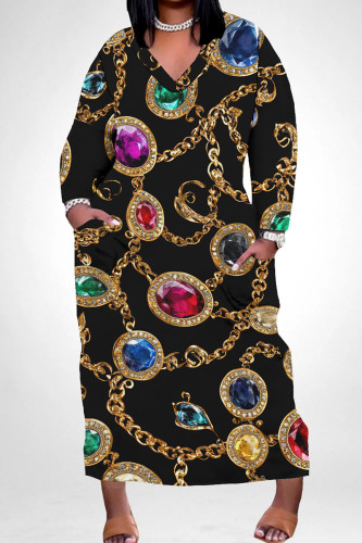 Black Gold Casual Print Pocket Patchwork V Neck Straight Plus Size Dresses