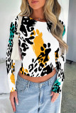 Coffee Casual Street Geometric Print Leopard Contrast O Neck Tops