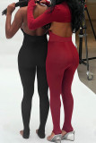 Black Casual Solid Color Hollow Out Patchwork Strap Design Halter Long Sleeve Two Pieces
