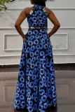 Blue Casual Elegant Print Patchwork O Neck Long Dresses