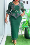Blue Elegant Solid Color Patchwork Slit Hot Drill Zipper V Neck Long Plus Size Dresses