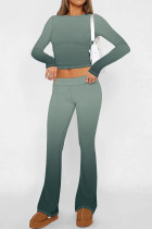 Green Casual Street Gradient Print Contrast O Neck Long Sleeve Two Pieces