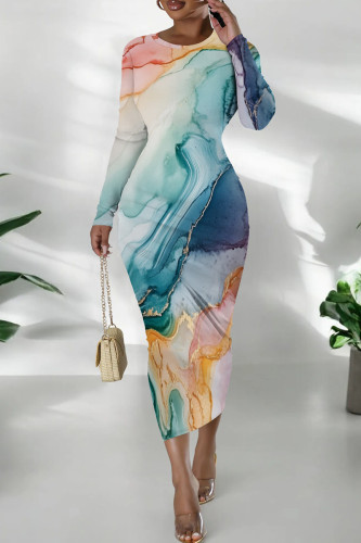 Colour Casual Print Patchwork O Neck Long Dresses