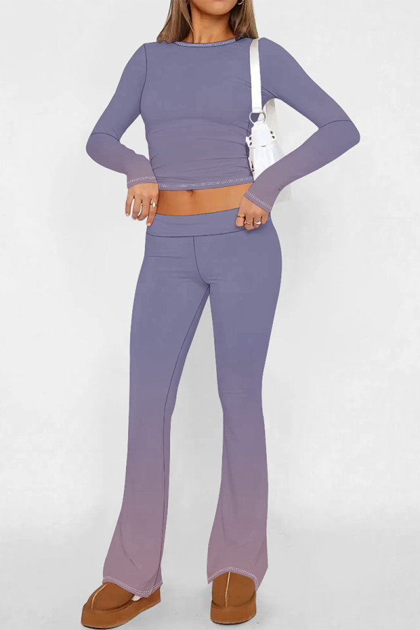 Purple Casual Street Gradient Print Contrast O Neck Long Sleeve Two Pieces