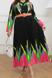 Black Elegant Print Buckle Patchwork With Belt Turndown Collar Plus Size Dresses