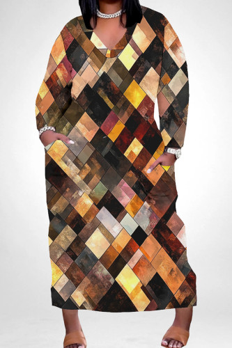 Brown Casual Print Pocket Patchwork V Neck Straight Plus Size Dresses