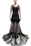 Black Elegant Solid Color Patchwork Backless Mesh Hot Drill Asymmetrical Collar Long Dresses