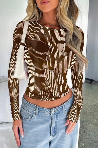 Coffee Casual Street Geometric Print Leopard Contrast O Neck Tops