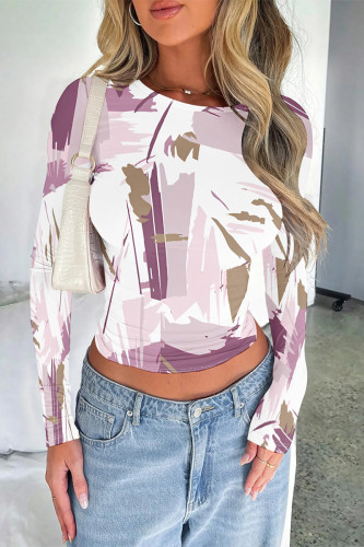 Purple Casual Street Geometric Print Leopard Contrast O Neck Tops