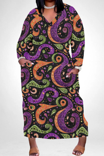 Purple Orange Casual Print Pocket Patchwork V Neck Straight Plus Size Dresses
