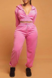 Pink Casual Solid Color Draw String Patchwork Zipper Zipper Collar Long Sleeve Two Pieces