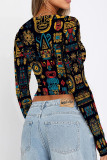 Blue Purple Casual Street Geometric Print Contrast O Neck Tops