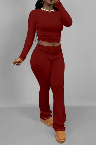 Burgundy Casual Street Solid Color O Neck Long Sleeve Two Pieces