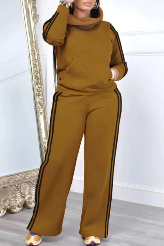 Khaki Casual Sportswear Daily Stripe Patchwork Turtleneck Long Sleeve Two Pieces
