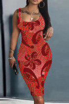 Red Casual Print Basic U Neck Vest Dresses