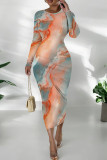 Light Purple Casual Print Patchwork O Neck Long Dresses