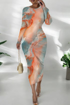 Cyan Casual Print Patchwork O Neck Long Dresses