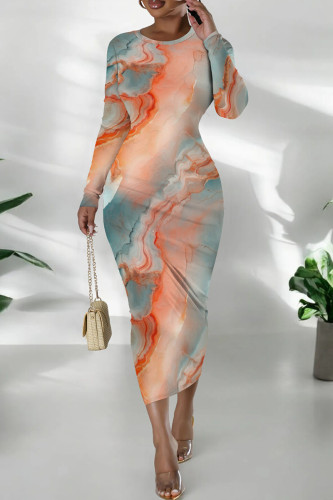 Cyan Casual Print Patchwork O Neck Long Dresses